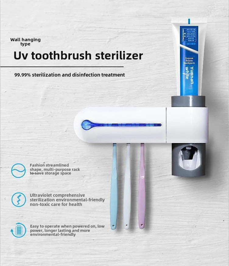 A wall mounted solar ultraviolet toothbrush sterilizer with automatic toothbrush holder and bathroom accessories