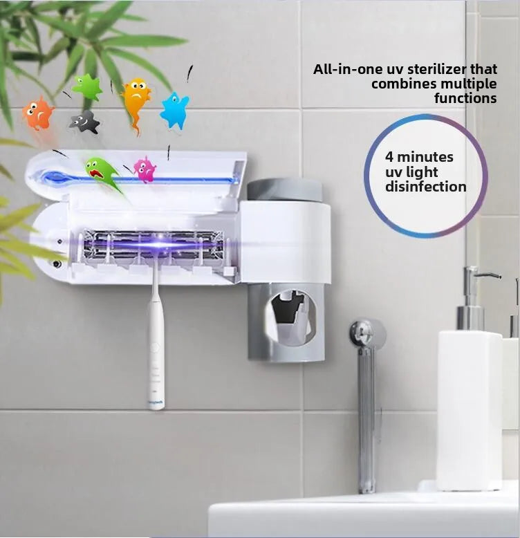 A wall mounted solar ultraviolet toothbrush sterilizer with automatic toothbrush holder and bathroom accessories